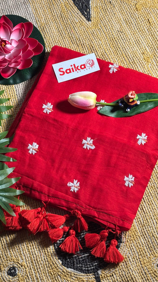 Ruby Red Mul Cotton Saree – Parijatam Motif