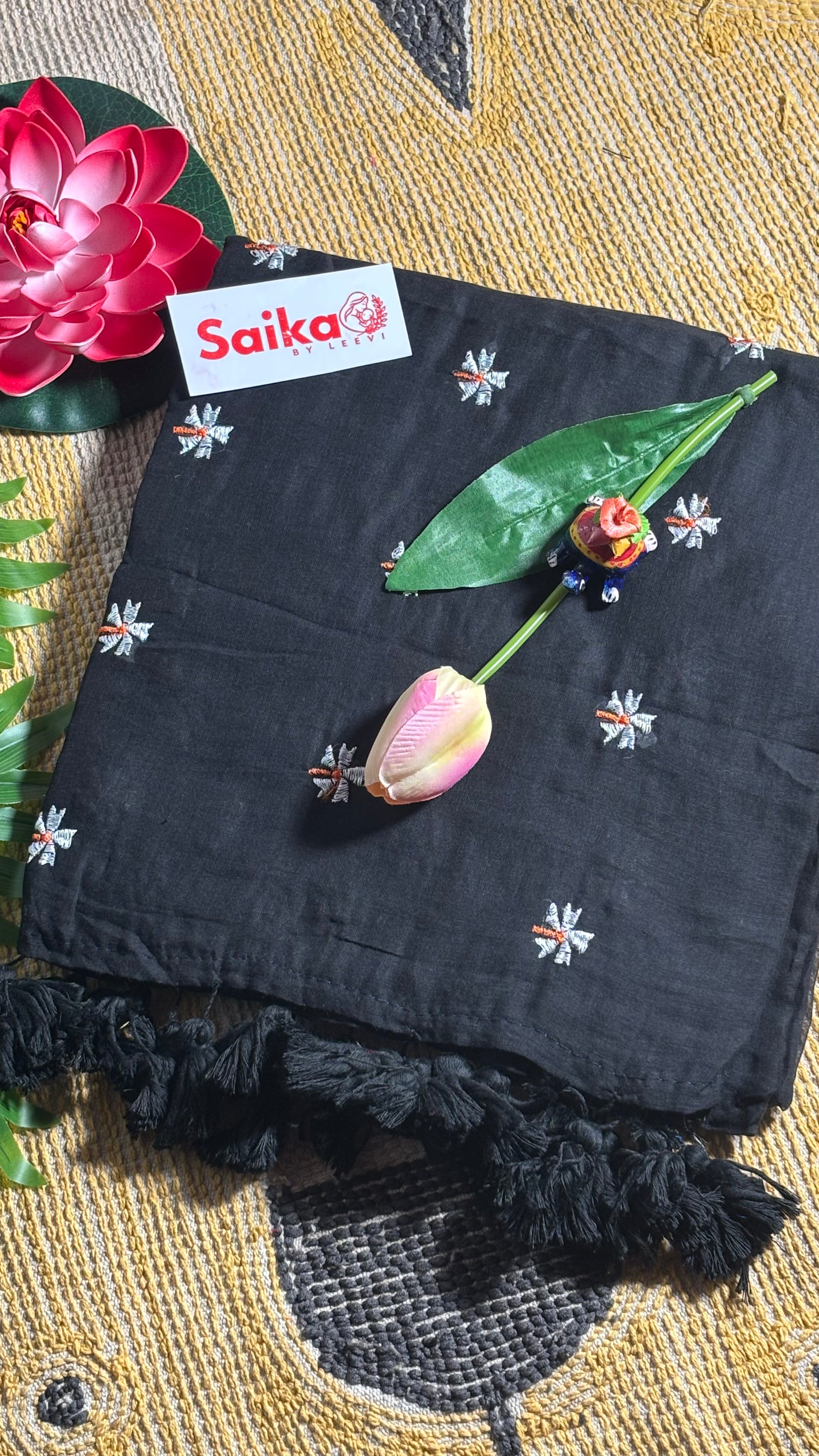 Classic Black Mul Cotton Saree – Parijatam Design