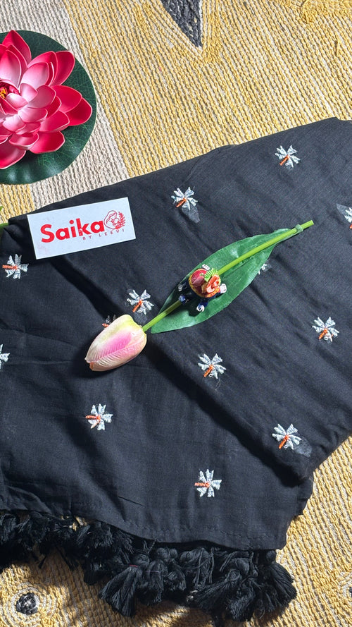 Classic Black Mul Cotton Saree – Parijatam Design