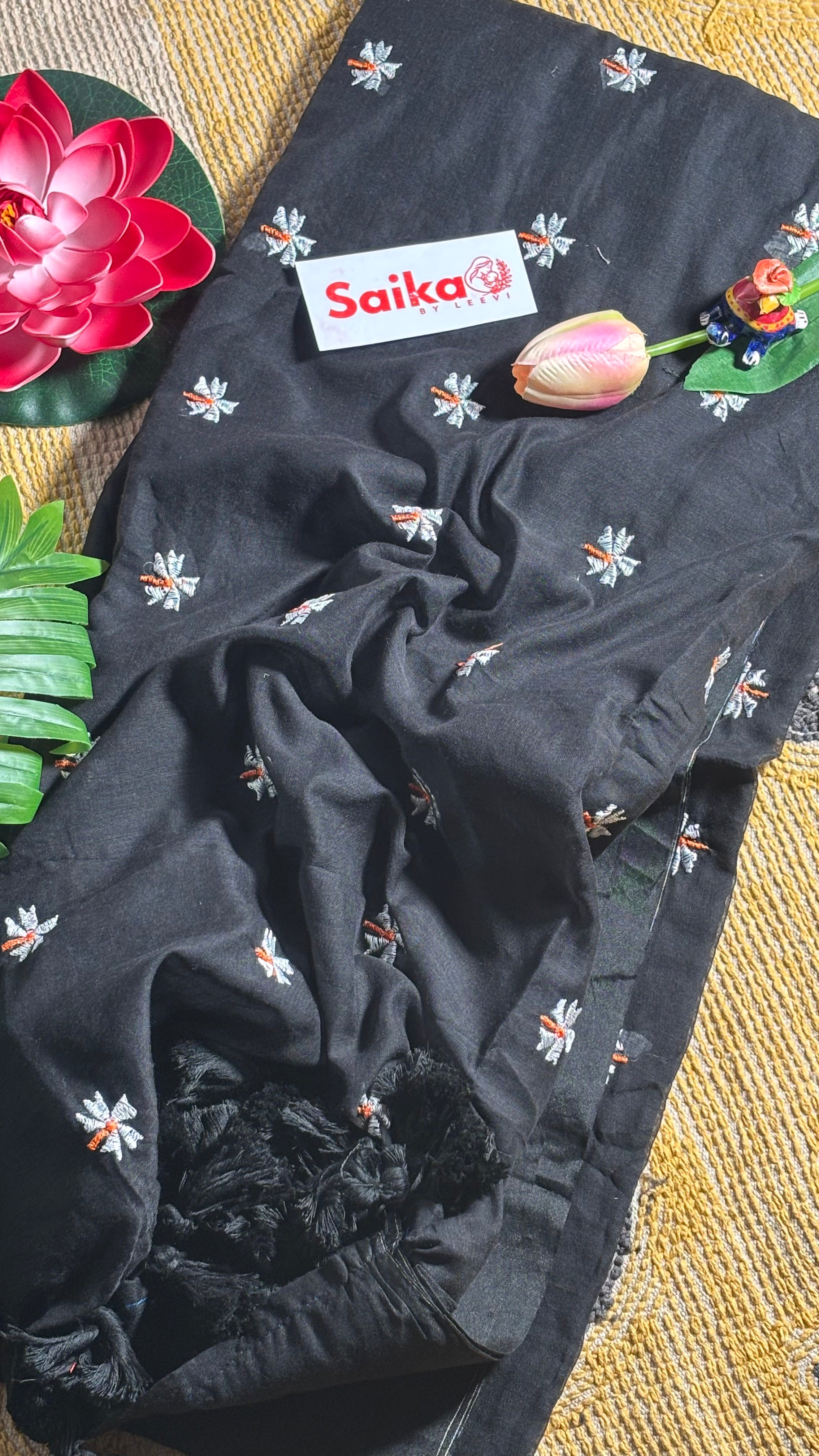 Classic Black Mul Cotton Saree – Parijatam Design