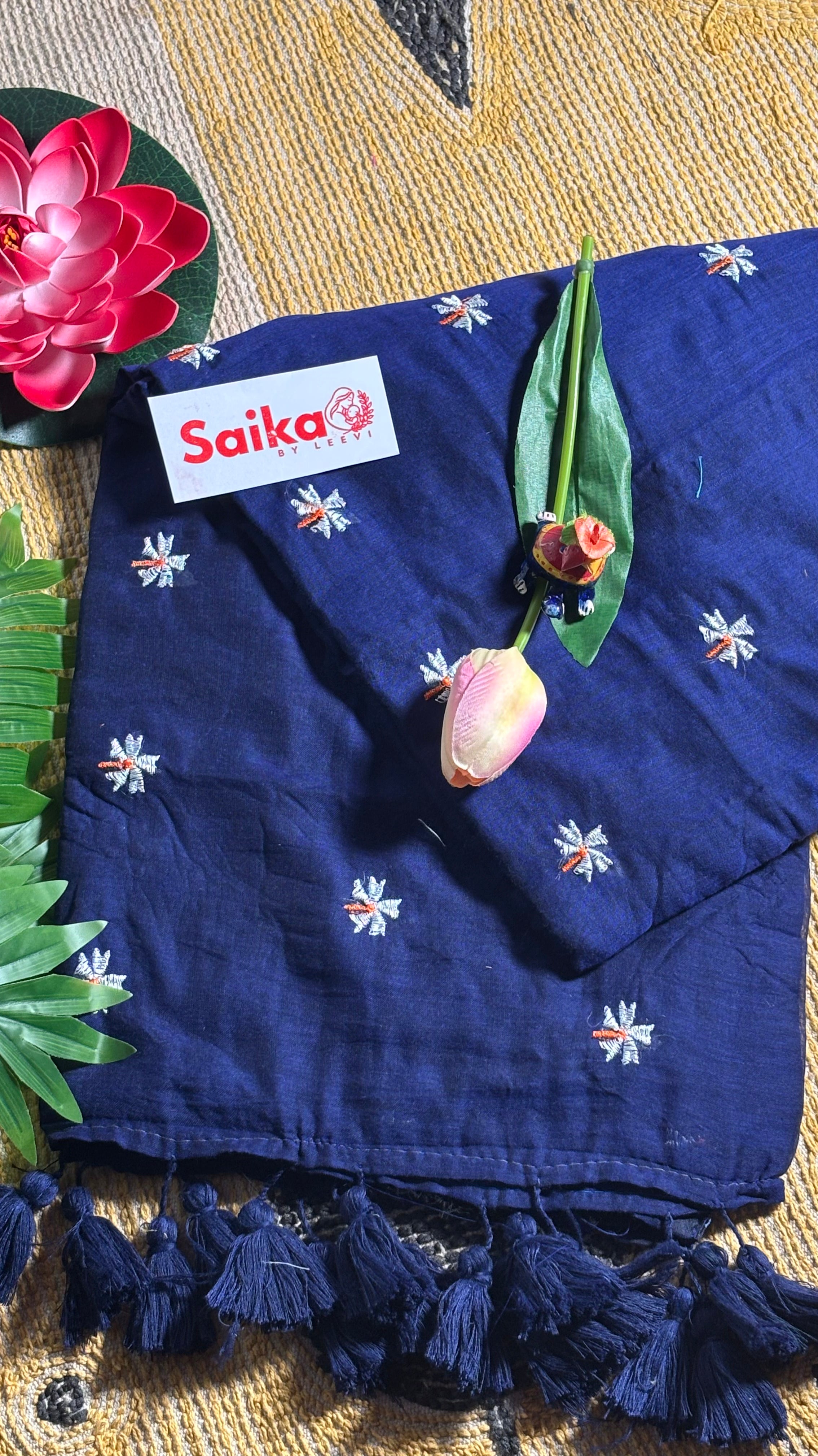 Midnight Blue Mul Cotton Saree – Parijatam Design