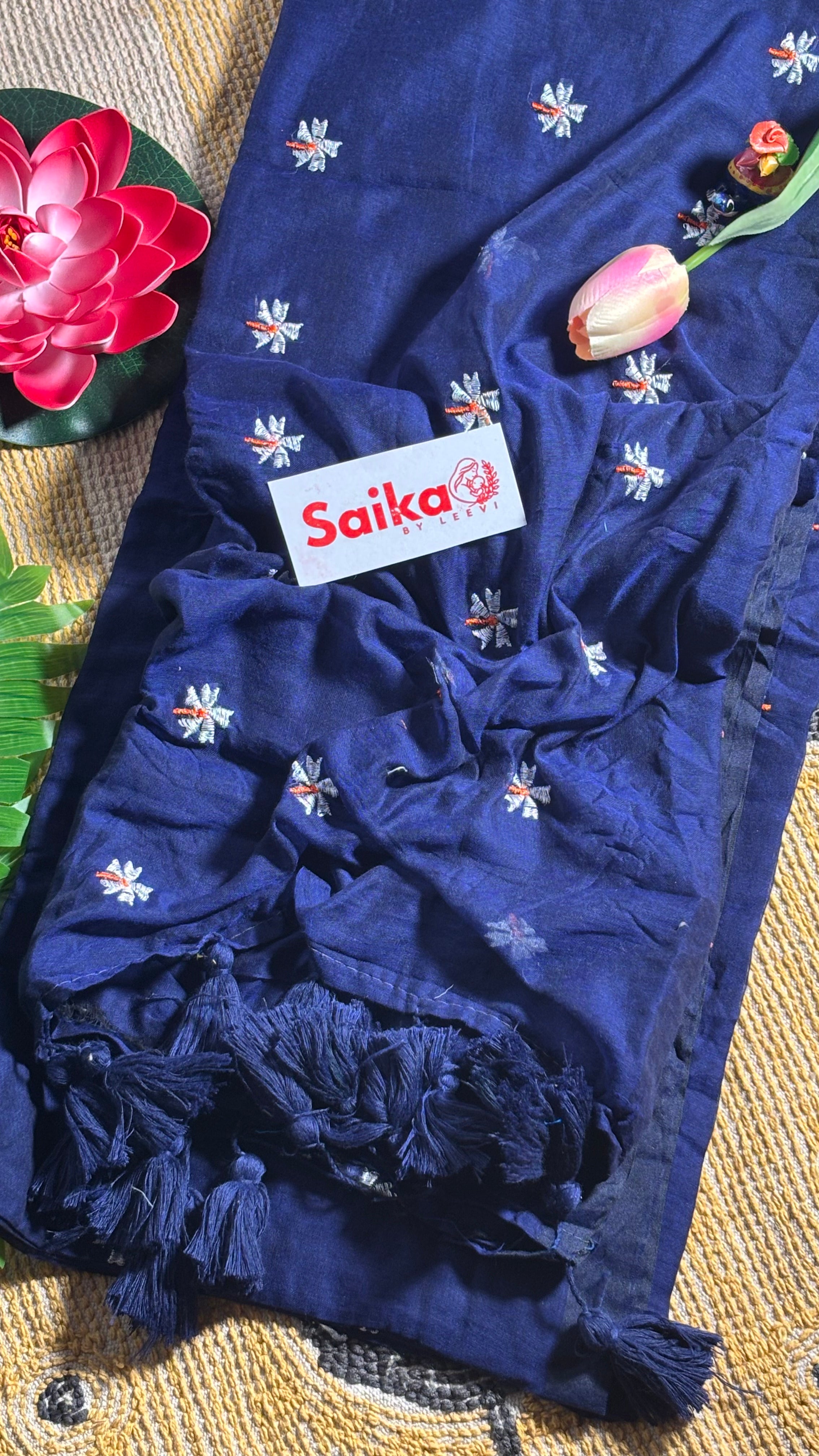 Midnight Blue Mul Cotton Saree – Parijatam Design