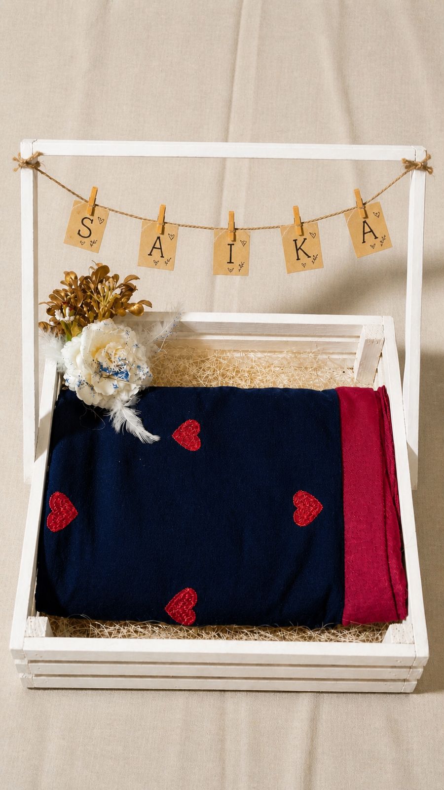 Navy Blue With Red Motifs Khadi Cotton Saree – Heart Design